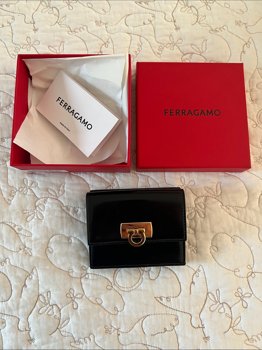 Salvatore Ferragamo Black Leather Card Holder with Gold Tone Clasp
